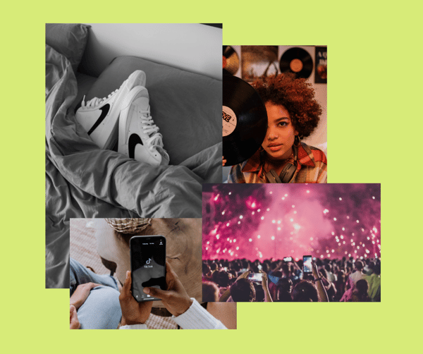 Collage of sneakers, vinyl records, concert, Tik Tok app